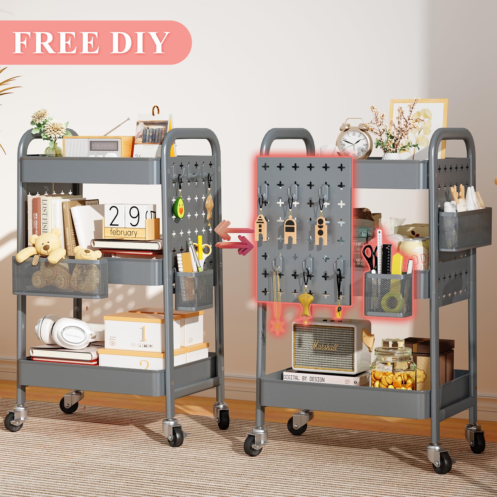 3 Tier Rolling Utility Cart - Metal White Cart Organizer with Wheels, Book Cart with DIY Dual Pegboards, Removable Baskets Hooks