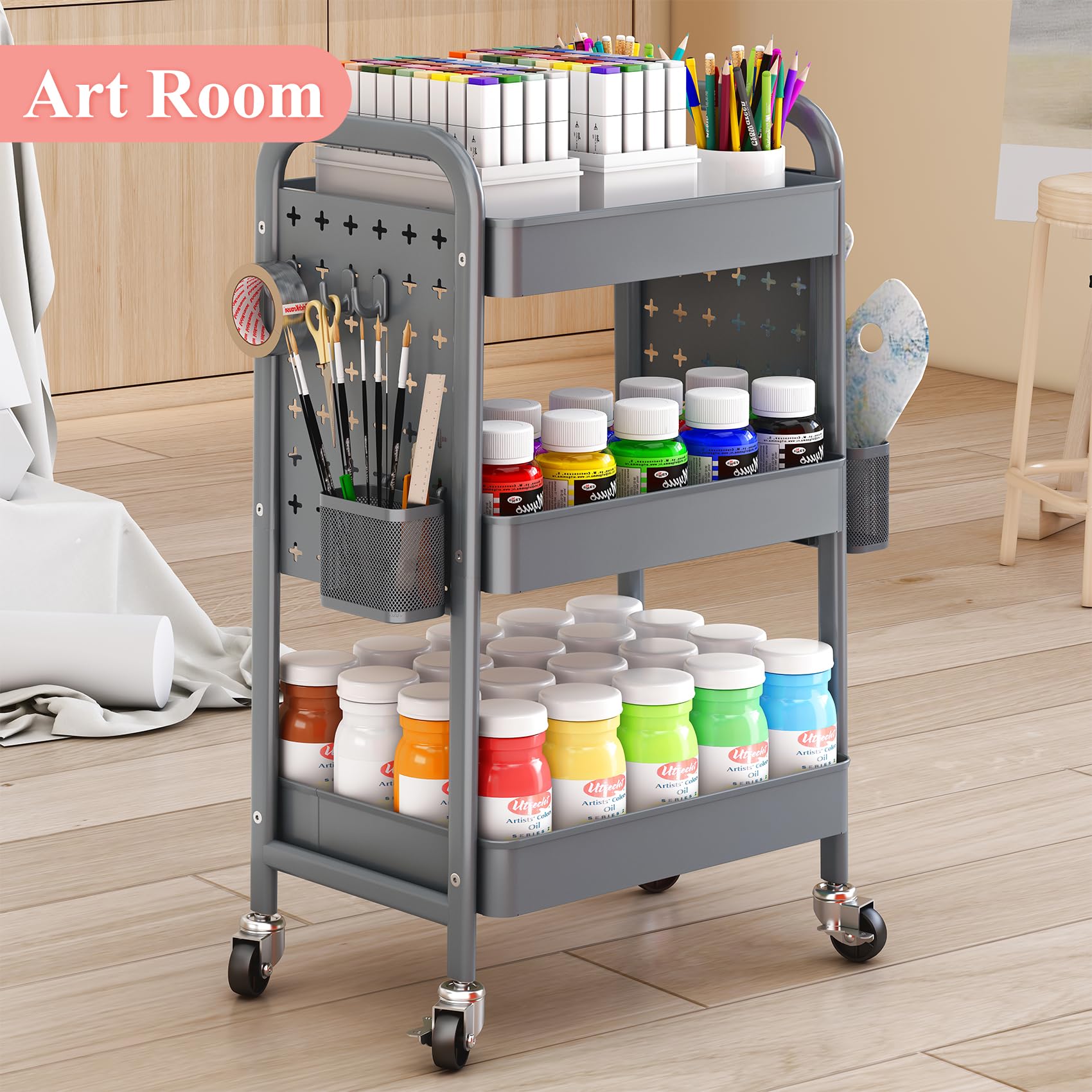 3 Tier Rolling Utility Cart - Metal White Cart Organizer with Wheels, Book Cart with DIY Dual Pegboards, Removable Baskets Hooks