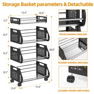 Rolling Storage Cart with Wheels, COORACK Kitchen Storage Carts Utility Cart with Handle, Fruit Vegatable Storage Cart Rack Bin for Kitchen Bathroom (4 Tier)