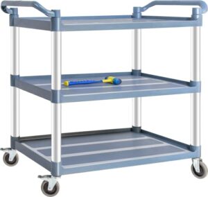 brljuneo plastic utility carts with wheels, 3-tier large size restaurant food cart, heavy duty 600lbs capacity rolling service cart w/hammer for commercial, kitchen, office (lockable wheels, l-grey)