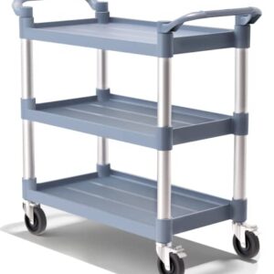 BRLJUNEO Plastic Utility Carts with Wheels, 3-Tier Large Size Restaurant Food Cart, Heavy Duty 600lbs Capacity Rolling Service Cart w/Hammer for Commercial, Kitchen, Office (Lockable Wheels, L-Grey)