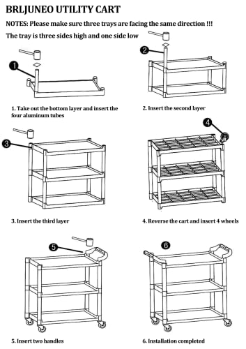 BRLJUNEO Plastic Utility Carts with Wheels, 3-Tier Large Size Restaurant Food Cart, Heavy Duty 600lbs Capacity Rolling Service Cart w/Hammer for Commercial, Kitchen, Office (Lockable Wheels, L-Grey)