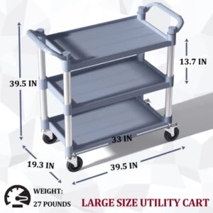 BRLJUNEO Plastic Utility Carts with Wheels, 3-Tier Large Size Restaurant Food Cart, Heavy Duty 600lbs Capacity Rolling Service Cart w/Hammer for Commercial, Kitchen, Office (Lockable Wheels, L-Grey)