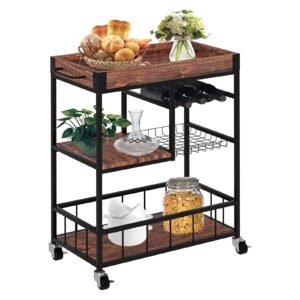 Fleecy day Wine Serving Bar Cart 3 Tier Home Rolling Rack with Wheels Mobile Kitchen Serving Cart,Industrial Vintage Style Wood Metal Serving Trolley Glass Holder Bar Cabinet