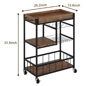 Fleecy day Wine Serving Bar Cart 3 Tier Home Rolling Rack with Wheels Mobile Kitchen Serving Cart,Industrial Vintage Style Wood Metal Serving Trolley Glass Holder Bar Cabinet