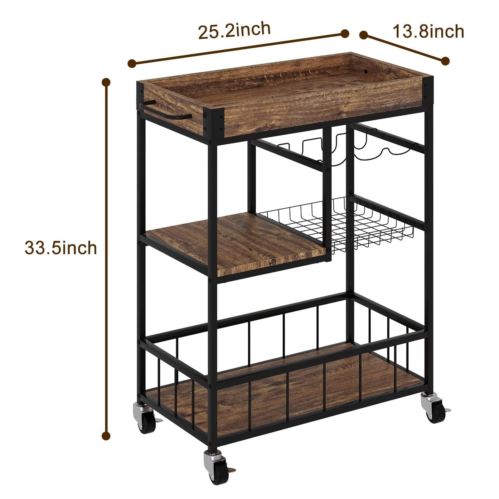 Fleecy day Wine Serving Bar Cart 3 Tier Home Rolling Rack with Wheels Mobile Kitchen Serving Cart,Industrial Vintage Style Wood Metal Serving Trolley Glass Holder Bar Cabinet