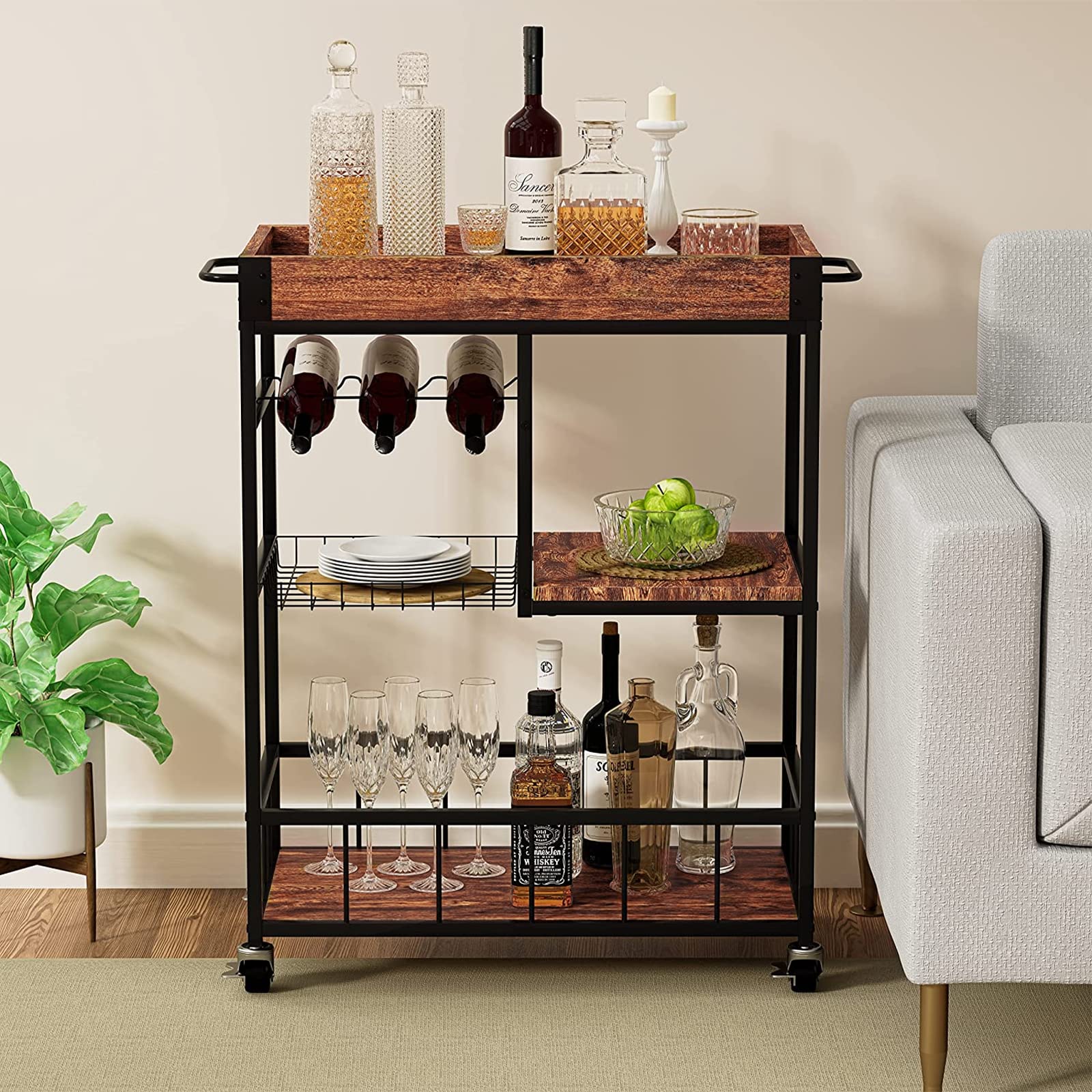 Fleecy day Wine Serving Bar Cart 3 Tier Home Rolling Rack with Wheels Mobile Kitchen Serving Cart,Industrial Vintage Style Wood Metal Serving Trolley Glass Holder Bar Cabinet