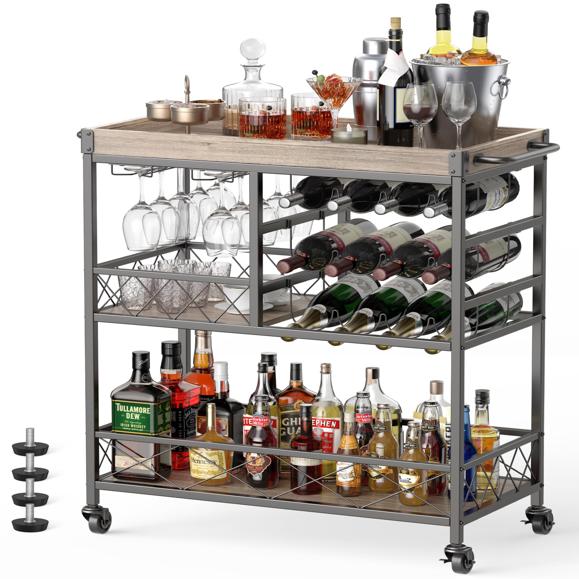 Gizoon 3 Tier 38" Home Bar Serving Cart with Large Storage Space, Mobile Kitchen Storage Trolley with Lockable Wheels, 12 Wine Rack, Glass Holder, Removable Tray (Gray)