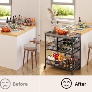 Gizoon 3 Tier 38" Home Bar Serving Cart with Large Storage Space, Mobile Kitchen Storage Trolley with Lockable Wheels, 12 Wine Rack, Glass Holder, Removable Tray (Gray)