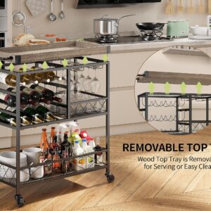 Gizoon 3 Tier 38" Home Bar Serving Cart with Large Storage Space, Mobile Kitchen Storage Trolley with Lockable Wheels, 12 Wine Rack, Glass Holder, Removable Tray (Gray)