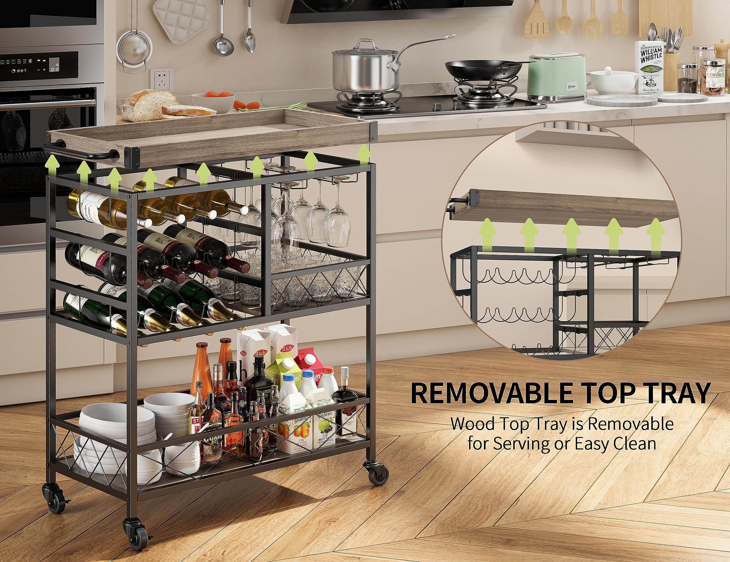 Gizoon 3 Tier 38" Home Bar Serving Cart with Large Storage Space, Mobile Kitchen Storage Trolley with Lockable Wheels, 12 Wine Rack, Glass Holder, Removable Tray (Gray)