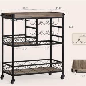 Gizoon 3 Tier 38" Home Bar Serving Cart with Large Storage Space, Mobile Kitchen Storage Trolley with Lockable Wheels, 12 Wine Rack, Glass Holder, Removable Tray (Gray)
