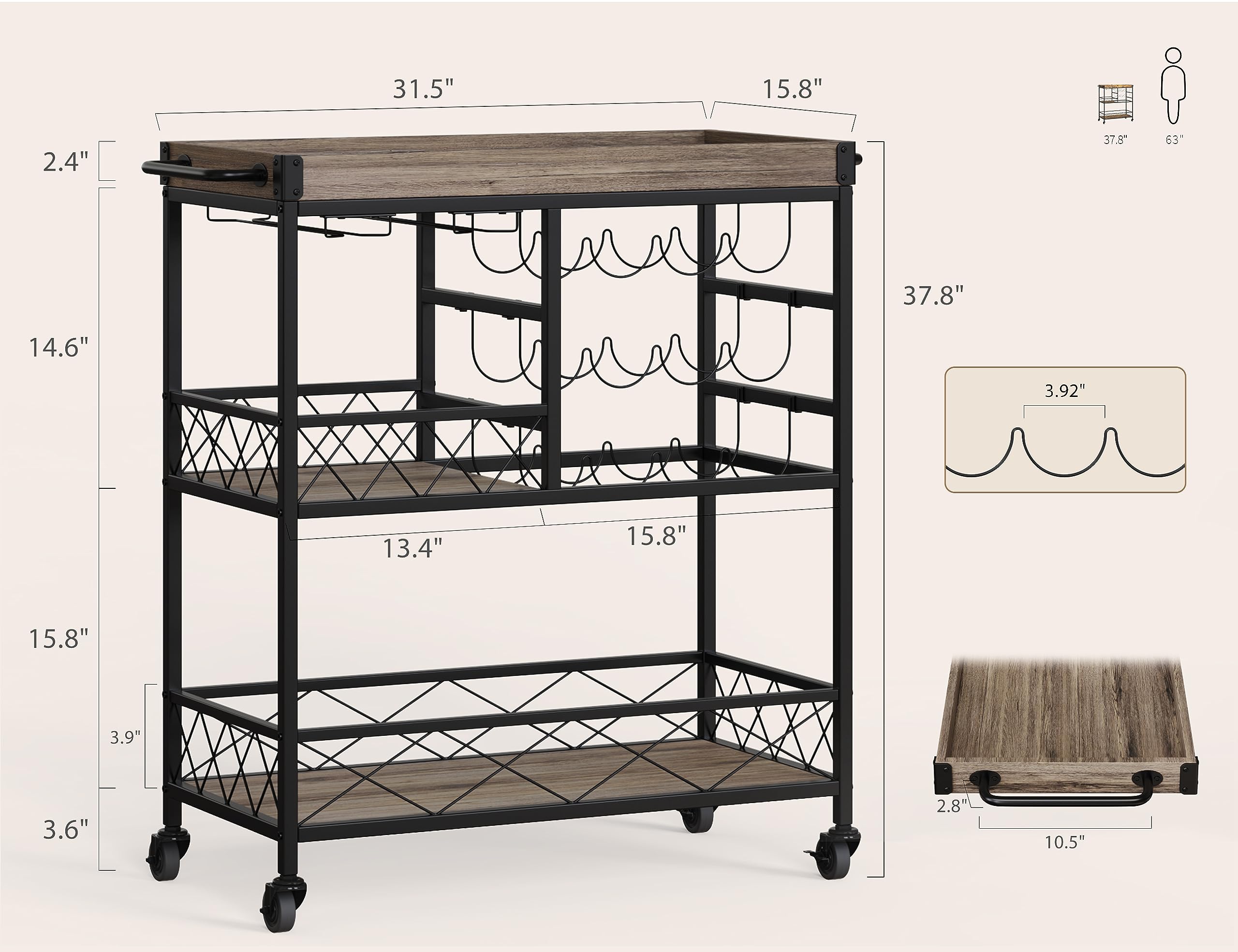 Gizoon 3 Tier 38" Home Bar Serving Cart with Large Storage Space, Mobile Kitchen Storage Trolley with Lockable Wheels, 12 Wine Rack, Glass Holder, Removable Tray (Gray)