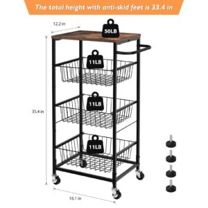 Kitchen Carts on Wheels, Rolling Storage Carts 4 Tier, Utility Service Cart Fruit Storage Baskets Rack for Potato Snack Industrial Island Food Trolley with Handle for Kitchen Bathroom Laundry