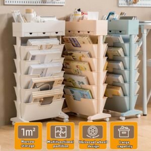 Atkits Rolling Book Shelf Organizer 6 Tier Bookshelf Rolling Cart Portable Bookshelf on Wheels Narrow for Bedroom Living Room Home School,White