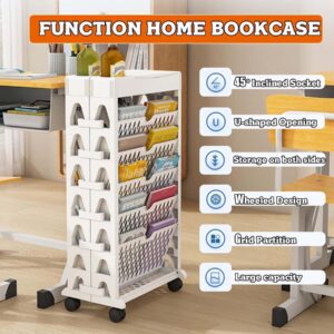 Atkits Utility Cart Organizer Mobile Bookshelf Cart Rolling 6 Tier Movable Bookshelf Cart Desk Side Cart for Office Dorm Classroom,White