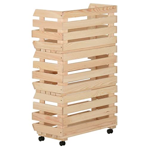 loibinfen Wooden Vegetable Trolley, 3-Tier Wood Kitchen Rolling Cart, Wood Trolley Island Cart, Utility Cart Multi-Layer Storage Shelf Rack on Wheels, 14.6"x11.8"x31.5" Solid Wood Pine -295