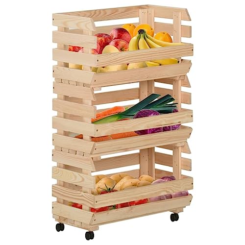 loibinfen Wooden Vegetable Trolley, 3-Tier Wood Kitchen Rolling Cart, Wood Trolley Island Cart, Utility Cart Multi-Layer Storage Shelf Rack on Wheels, 14.6"x11.8"x31.5" Solid Wood Pine -295