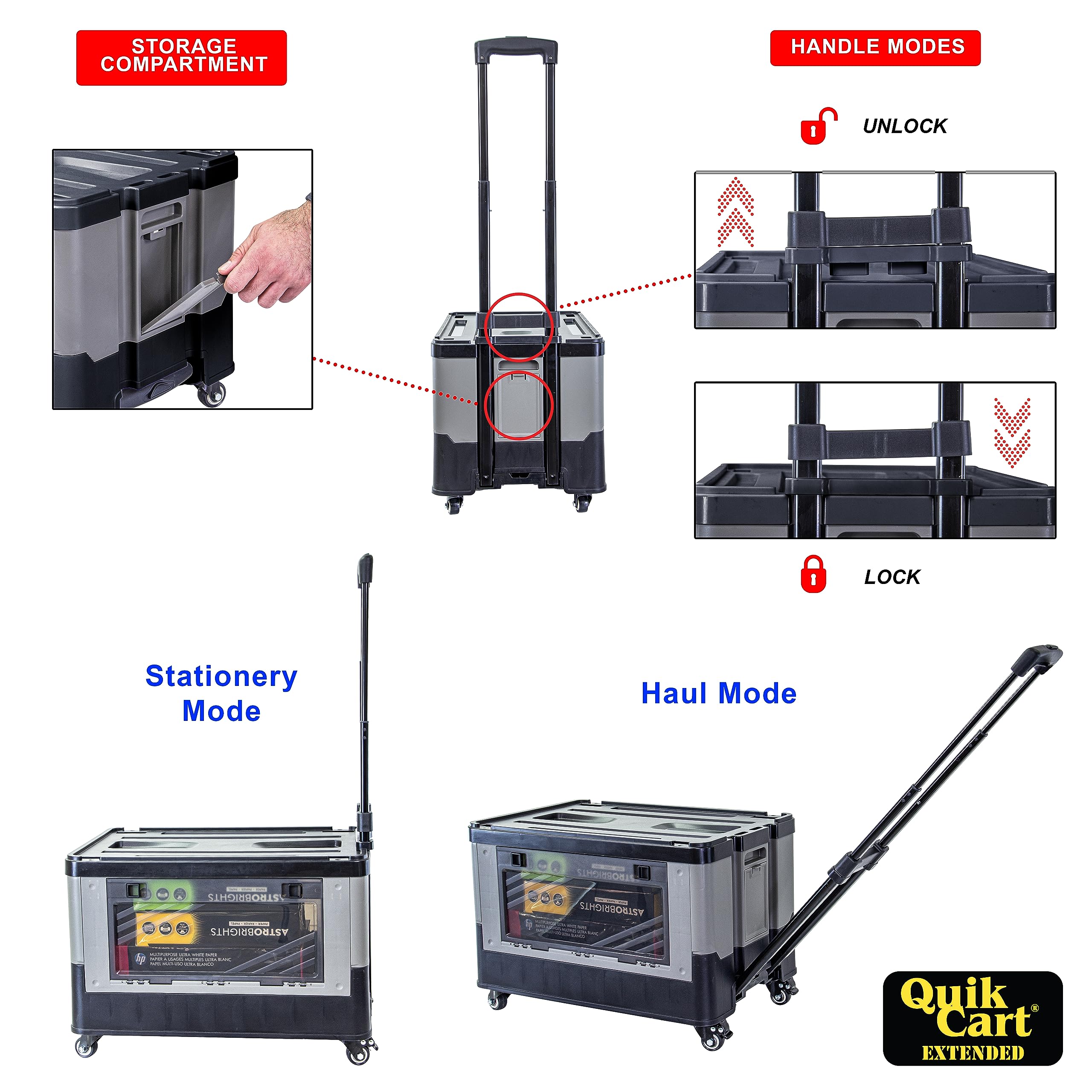 dbest products Quik Cart Extended Four Wheeled Rolling Crate Teacher Utility with seat Dual Accessible Doors Heavy Duty Collapsible Basket with Two Position Handle