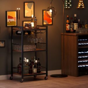 TUTOTAK Bar Cart, Home Bar Serving Cart, Microwave Cart, Drink Cart, Mobile Kitchen Shelf with Wine Rack and Glass Holder, Rolling Beverage Cart for Living Room, Kitchen, Brown BC01BB032