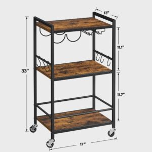 TUTOTAK Bar Cart, Home Bar Serving Cart, Microwave Cart, Drink Cart, Mobile Kitchen Shelf with Wine Rack and Glass Holder, Rolling Beverage Cart for Living Room, Kitchen, Brown BC01BB032