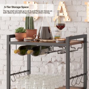 TUTOTAK Bar Cart, Home Bar Serving Cart, Microwave Cart, Drink Cart, Mobile Kitchen Shelf with Wine Rack and Glass Holder, Rolling Beverage Cart for Living Room, Kitchen, Brown BC01BB032