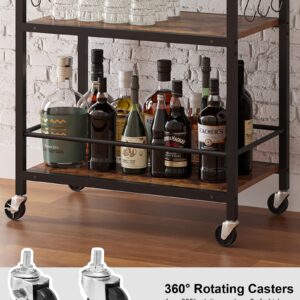 TUTOTAK Bar Cart, Home Bar Serving Cart, Microwave Cart, Drink Cart, Mobile Kitchen Shelf with Wine Rack and Glass Holder, Rolling Beverage Cart for Living Room, Kitchen, Brown BC01BB032