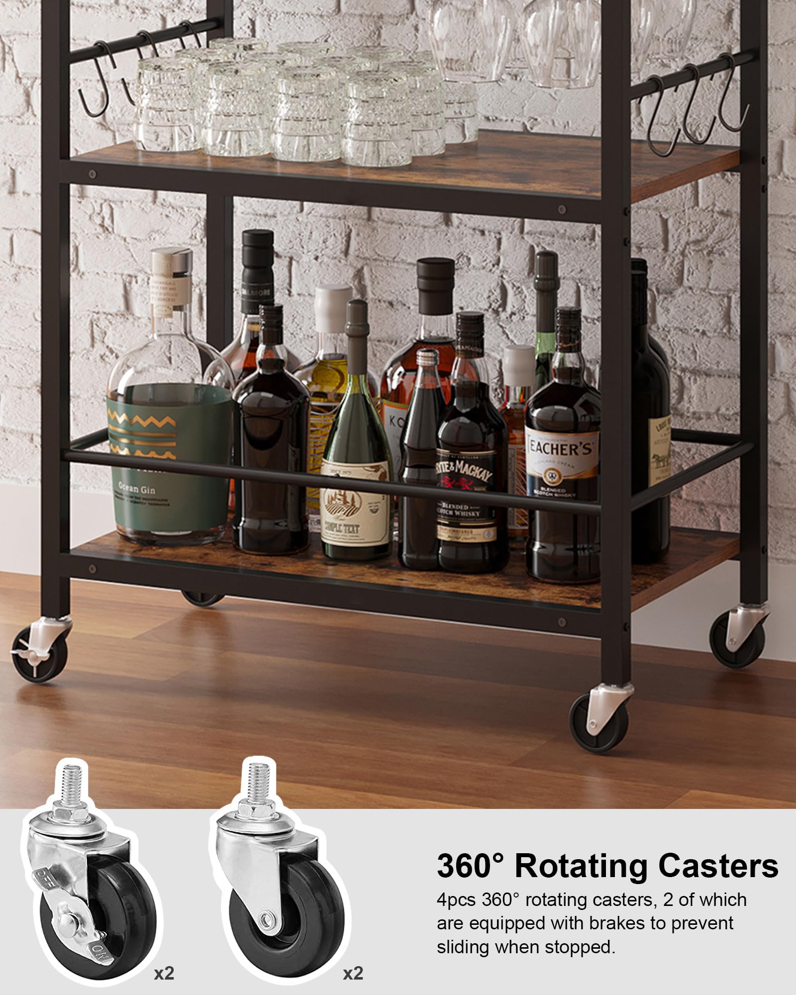 TUTOTAK Bar Cart, Home Bar Serving Cart, Microwave Cart, Drink Cart, Mobile Kitchen Shelf with Wine Rack and Glass Holder, Rolling Beverage Cart for Living Room, Kitchen, Brown BC01BB032