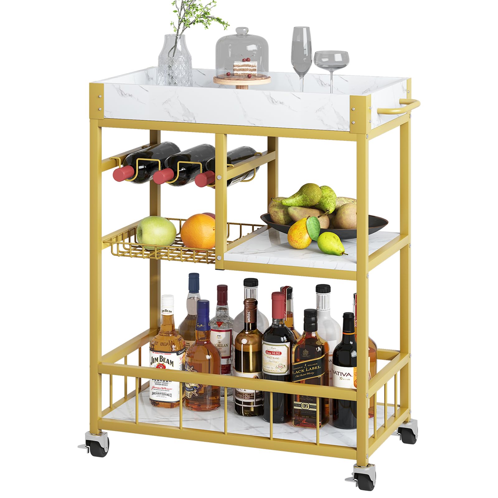 Azheruol Bar Cart 3 Tiers Removable Storage Tray with Wine Rack & Basket Tier,Rolling Beverage Cart,Mobile Bar Serving Cart with Handle, White Marble Wood and Gold Frame Home Kitchen Shelf for Party