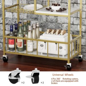 Azheruol Bar Cart 3 Tiers Removable Storage Tray with Wine Rack & Basket Tier,Rolling Beverage Cart,Mobile Bar Serving Cart with Handle, White Marble Wood and Gold Frame Home Kitchen Shelf for Party