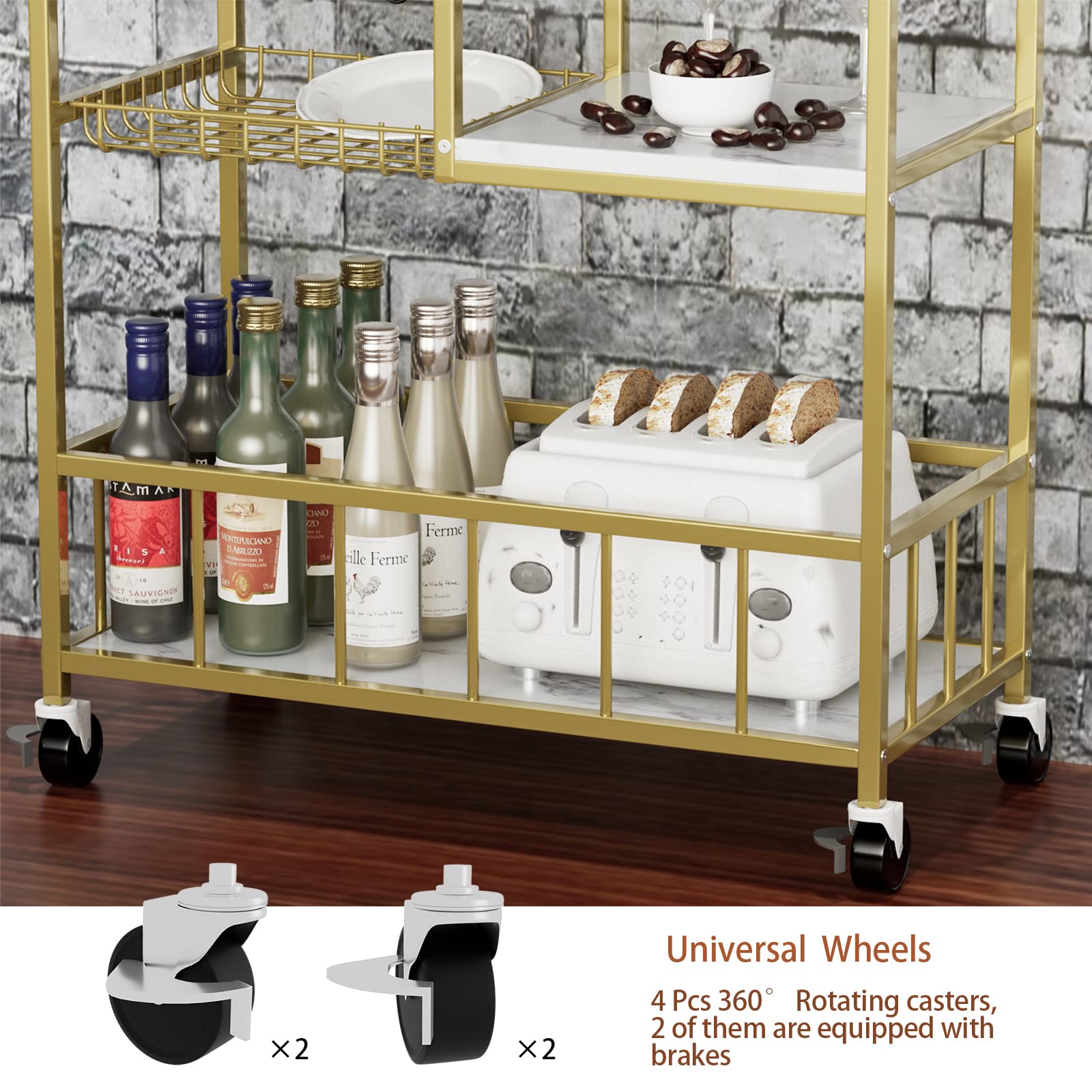 Azheruol Bar Cart 3 Tiers Removable Storage Tray with Wine Rack & Basket Tier,Rolling Beverage Cart,Mobile Bar Serving Cart with Handle, White Marble Wood and Gold Frame Home Kitchen Shelf for Party