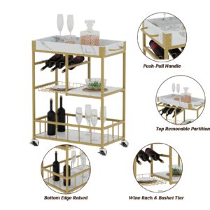 Azheruol Bar Cart 3 Tiers Removable Storage Tray with Wine Rack & Basket Tier,Rolling Beverage Cart,Mobile Bar Serving Cart with Handle, White Marble Wood and Gold Frame Home Kitchen Shelf for Party