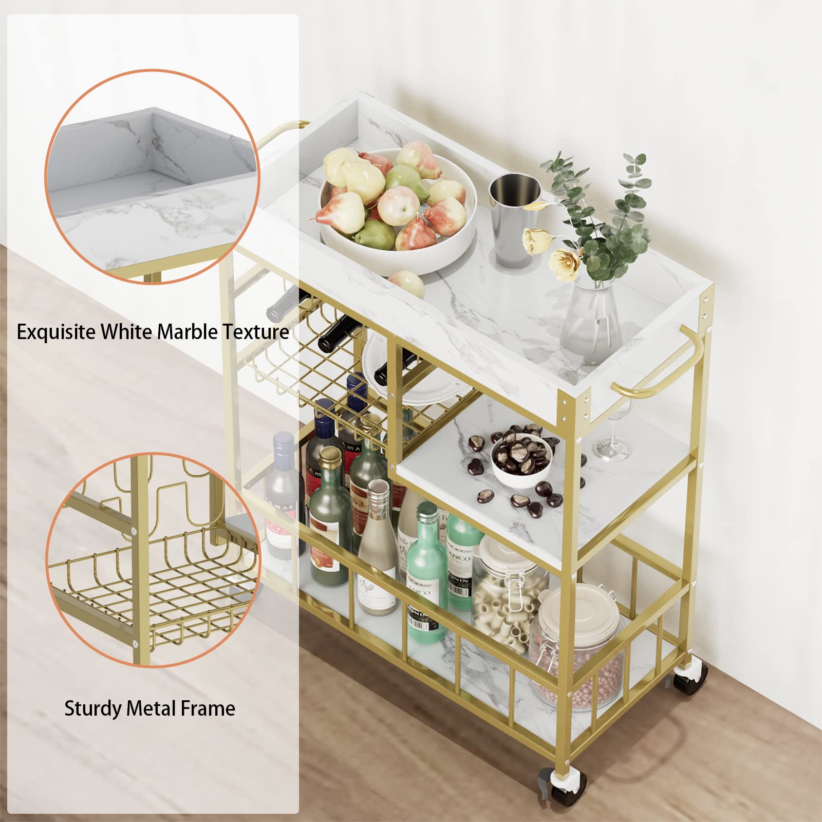 Azheruol Bar Cart 3 Tiers Removable Storage Tray with Wine Rack & Basket Tier,Rolling Beverage Cart,Mobile Bar Serving Cart with Handle, White Marble Wood and Gold Frame Home Kitchen Shelf for Party