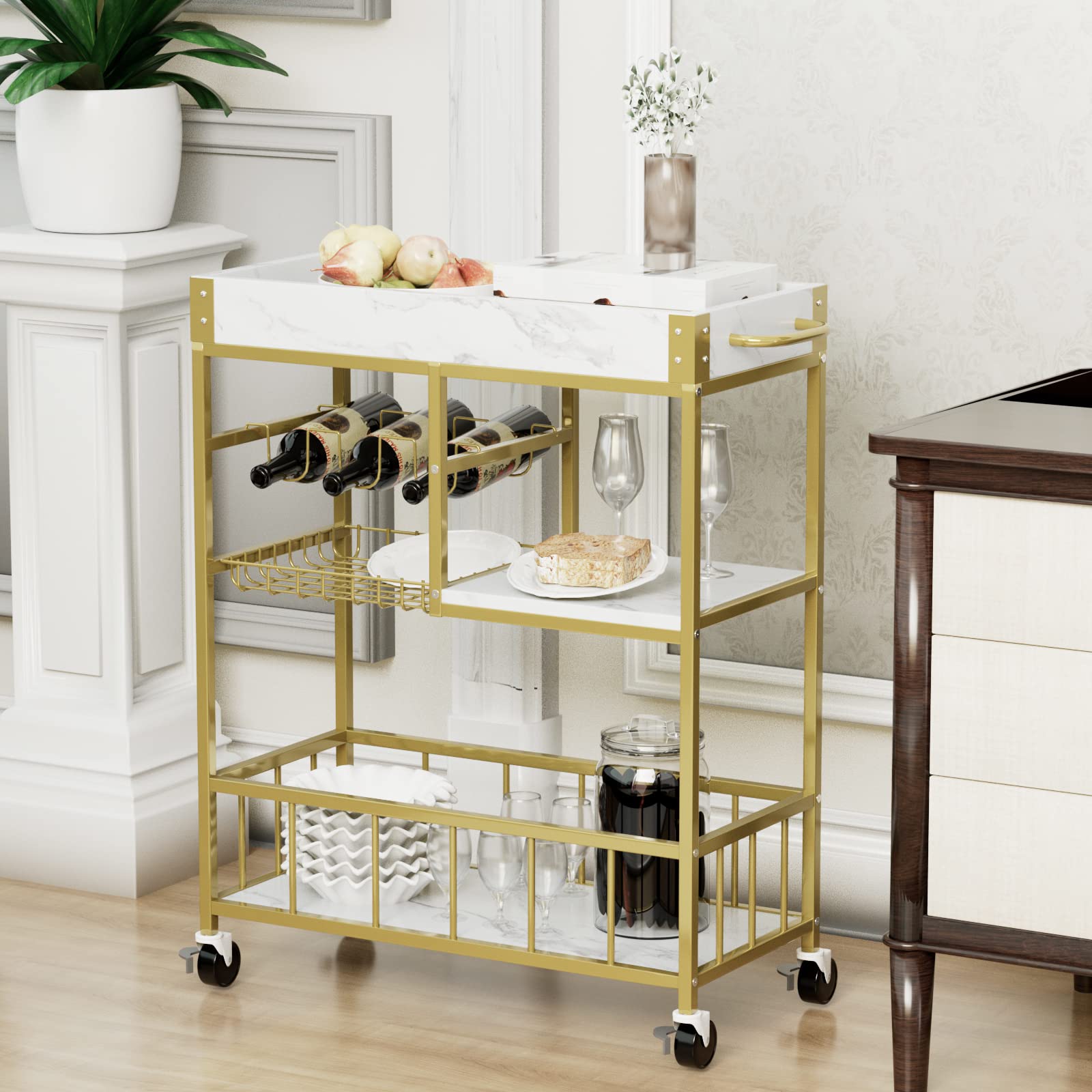 Azheruol Bar Cart 3 Tiers Removable Storage Tray with Wine Rack & Basket Tier,Rolling Beverage Cart,Mobile Bar Serving Cart with Handle, White Marble Wood and Gold Frame Home Kitchen Shelf for Party