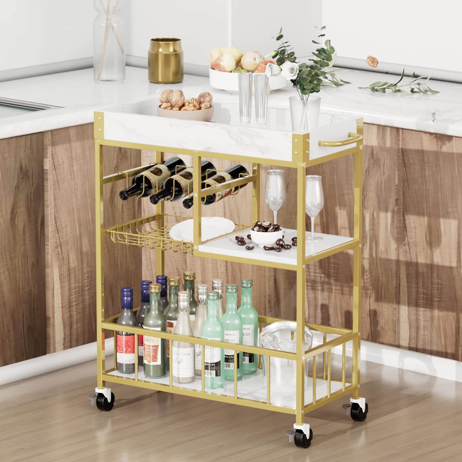 Azheruol Bar Cart 3 Tiers Removable Storage Tray with Wine Rack & Basket Tier,Rolling Beverage Cart,Mobile Bar Serving Cart with Handle, White Marble Wood and Gold Frame Home Kitchen Shelf for Party