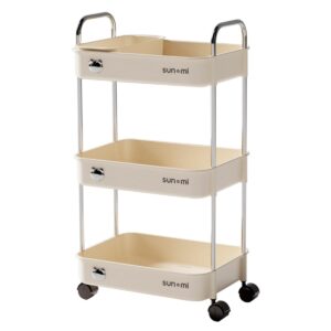 3 tier rolling utility cart, heavy duty storage carts with plastic storage basket & lockable wheels, mobile shelving unit organizer trolley for bathroom laundry bedroom office kitchen