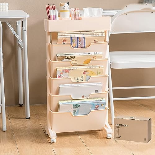 6 Tier Rolling Utility Cart,Multi-Functional Movable Storage Book Shelves With Lockable,Mobile Bookshelf Unique Bookcase Rolling Storage Cart,For Study Office Kitchen Classroom,Without drawer,C