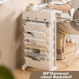 6 Tier Rolling Utility Cart,Multi-Functional Movable Storage Book Shelves With Lockable,Mobile Bookshelf Unique Bookcase Rolling Storage Cart,For Study Office Kitchen Classroom,Without drawer,C