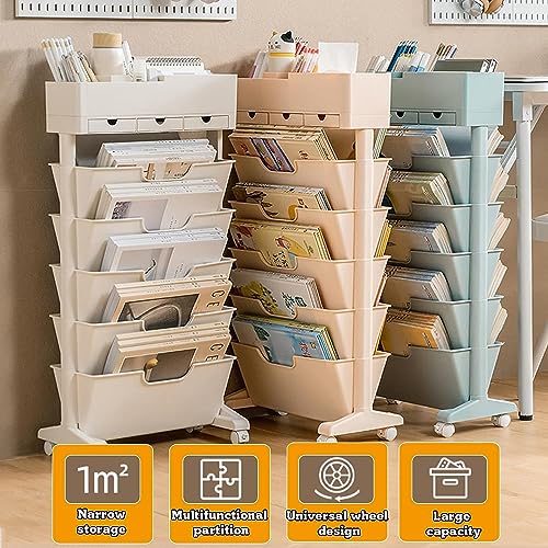 6 Tier Rolling Utility Cart,Multi-Functional Movable Storage Book Shelves With Lockable,Mobile Bookshelf Unique Bookcase Rolling Storage Cart,For Study Office Kitchen Classroom,Without drawer,C