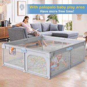 Large Baby Playpen Palopalo Playard for Toddlers with Gate 50''x50'' Indoor & Outdoor Play Pen, Baby Toys 0-6 to 12 Months Infants Sturdy Safety Activity Center with Anti-Slip Base, Gray