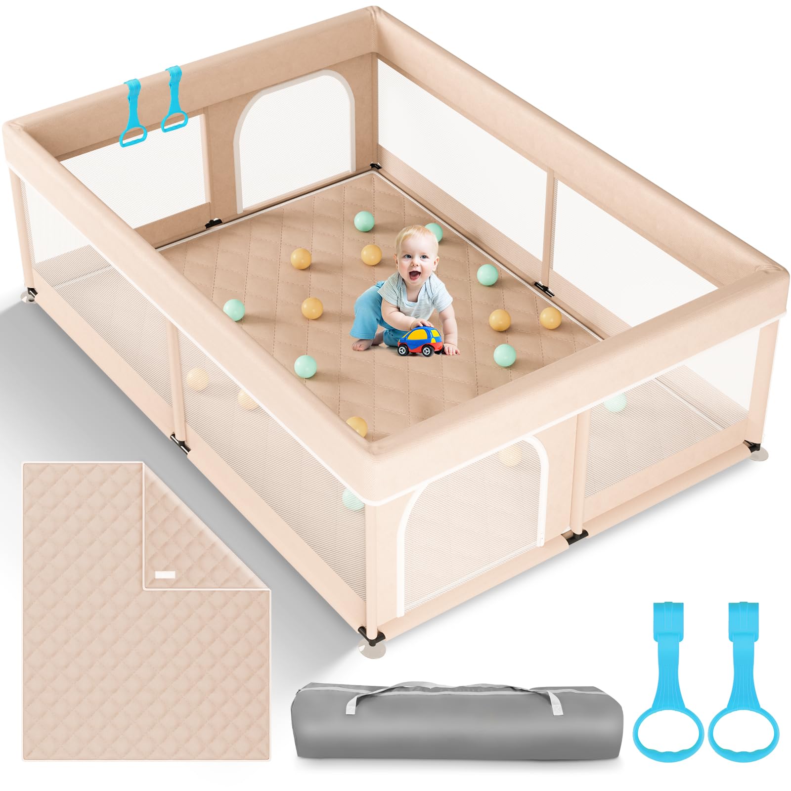 Omzer Baby Playpen with Mat 71"×59" - Extra Large Playpen for Babies and Toddlers with Mat Included, Safety Playard for Baby with Gate, All-Wrapped Soft Sponge Baby Gate Playpen with Stable Mat Velcro