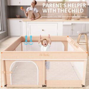 Omzer Baby Playpen with Mat 71"×59" - Extra Large Playpen for Babies and Toddlers with Mat Included, Safety Playard for Baby with Gate, All-Wrapped Soft Sponge Baby Gate Playpen with Stable Mat Velcro