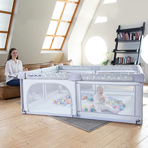 Baby Playpen, ANGELBLISS Playpen for Babies and Toddlers, Extra Large Play Yard with Gate, Indoor & Outdoor Kids Safety Play Pen Area with Star Print (Grey, 71"×59")