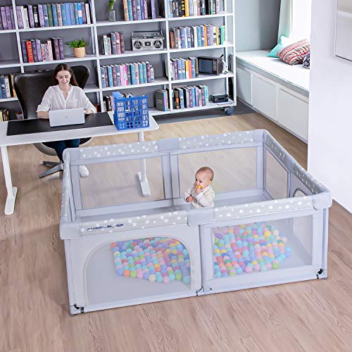 Baby Playpen, ANGELBLISS Playpen for Babies and Toddlers, Extra Large Play Yard with Gate, Indoor & Outdoor Kids Safety Play Pen Area with Star Print (Grey, 71"×59")