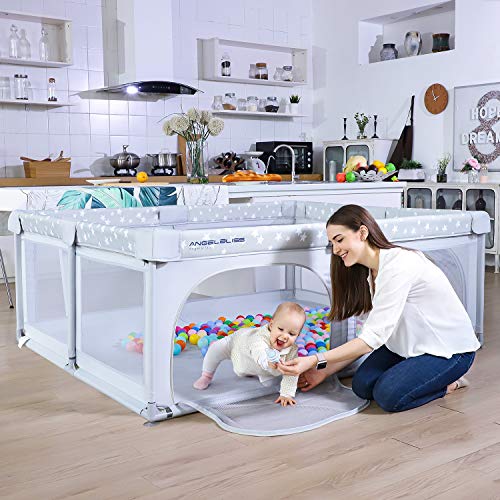 Baby Playpen, ANGELBLISS Playpen for Babies and Toddlers, Extra Large Play Yard with Gate, Indoor & Outdoor Kids Safety Play Pen Area with Star Print (Grey, 71"×59")