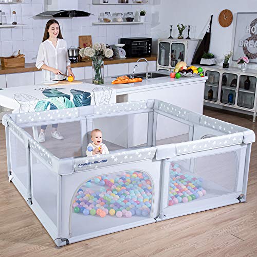 Baby Playpen, ANGELBLISS Playpen for Babies and Toddlers, Extra Large Play Yard with Gate, Indoor & Outdoor Kids Safety Play Pen Area with Star Print (Grey, 71"×59")