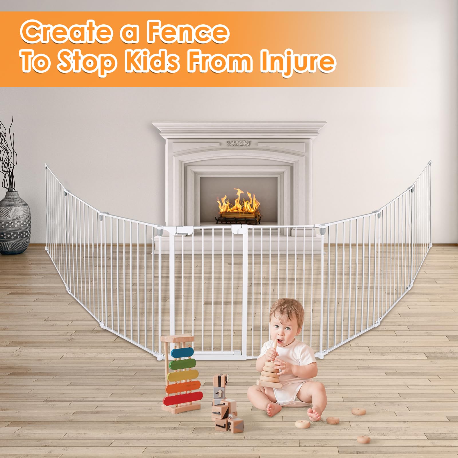 Patywaga Baby Gate Extra Wide with 8 Metal Pannels,Extra Long Dog Gate Pet Gate or Used to Stairs Doorways Fireplace Fence,3-in-1 Baby Gate Playpen,Child Safety Gate and Safety Barrier