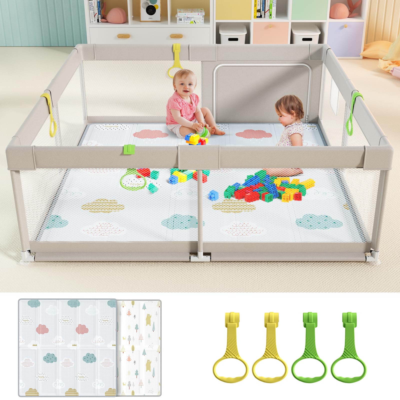 UANLAUO Baby Playpen with Mat, 59x71inch Playpen for Babies and Toddlers, Large Baby Playpen,Kids Play Pen,Baby Fence,Big Playpen for Infants with Gate,Playard for Baby