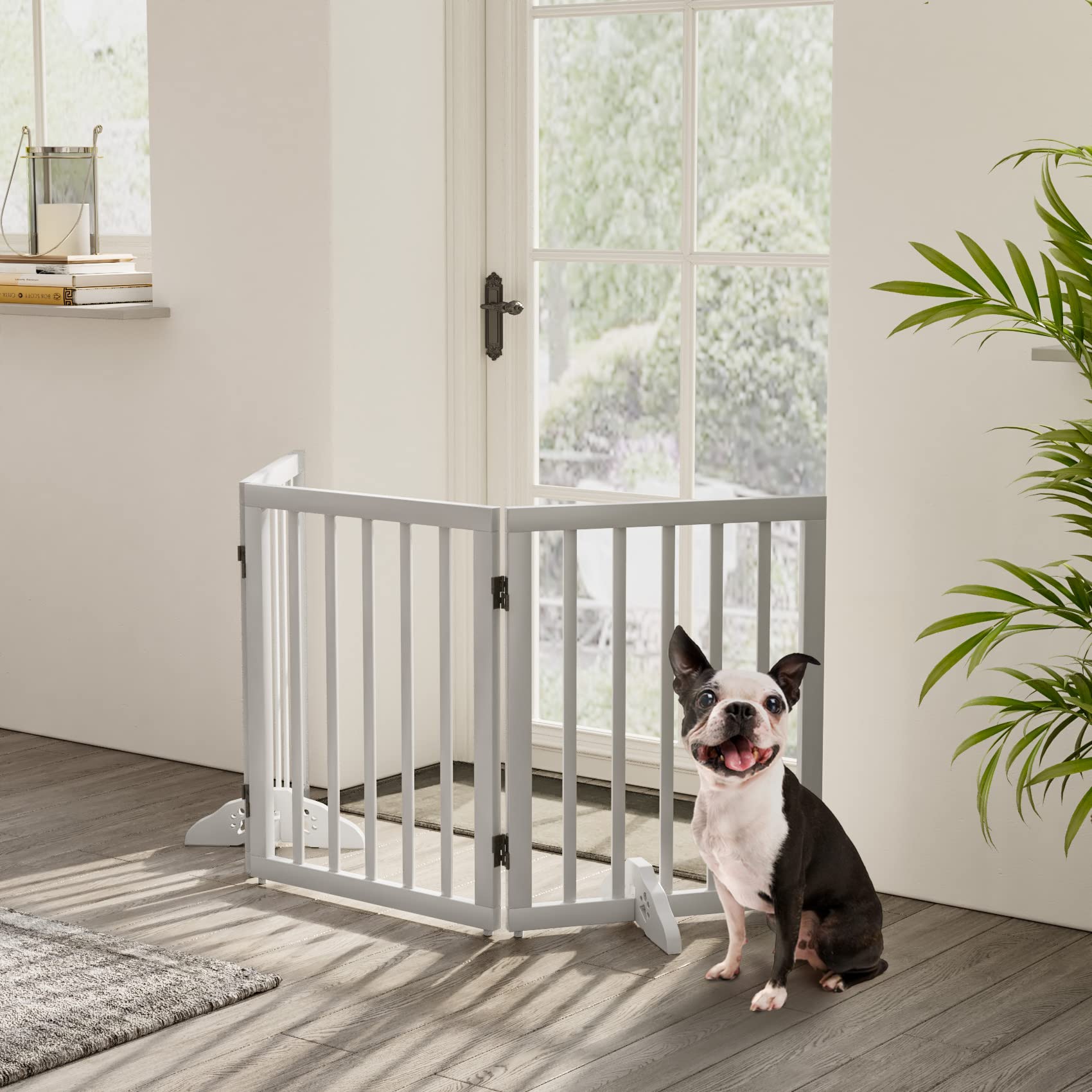 Semiocthome Wooden Dog Gates for The House 24"H Expandable Doggy Gates for Doorways 55"W Free Standing Pet Gate with 2 Support Feet for Stairs 3 Panels Dog Barriers for Home No Installation Resquired