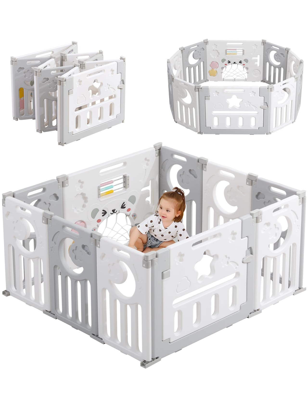 Dripex Baby Playpen, Foldable Playpen for Babies and Toddlers, Adjustable Shape Baby Fence, Safety Play Yard with Gate, Portable Play Area for Indoor or Outdoor (Grey+White,10 Panel)